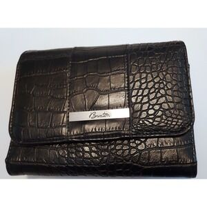 Buxton Black Faux Alligator‎ Croc Trifold Wallet Womens Snap Closure